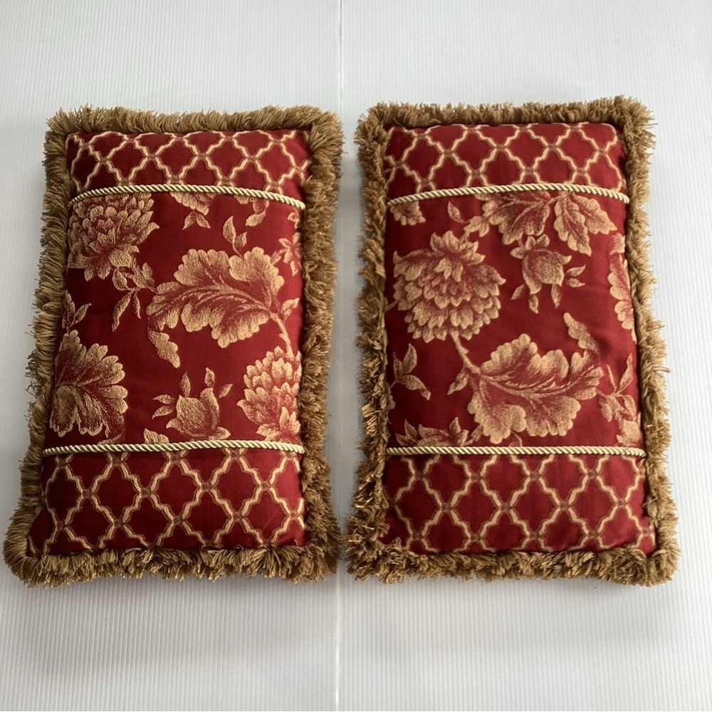2 X Bess Decorative Fringed Throw Pillow Red Gold Embroidery Floral Geometric
